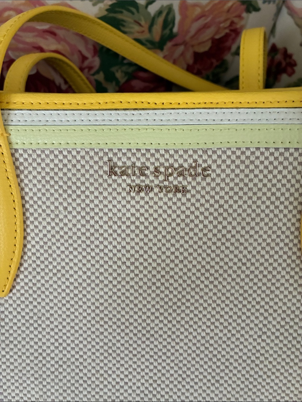 kate spade Cream Canvas Tote with Yellow Trim and Wristlet - Picture 2 of 11